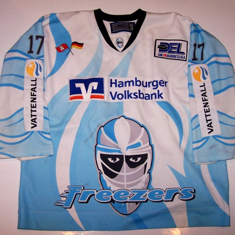 Game worn Hamburg Freezers hockey jersey was worn during regular season in DEL games