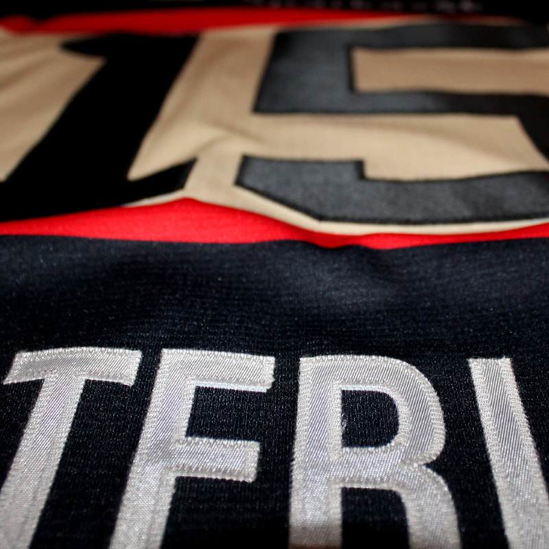 Stitched letters and numbers on the Garrett Festerling Hannover Scorpions jersey