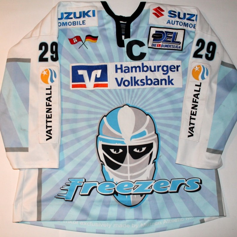 Hamburg Freezers game worn jersey worn in preseason and season by Alexander Barta