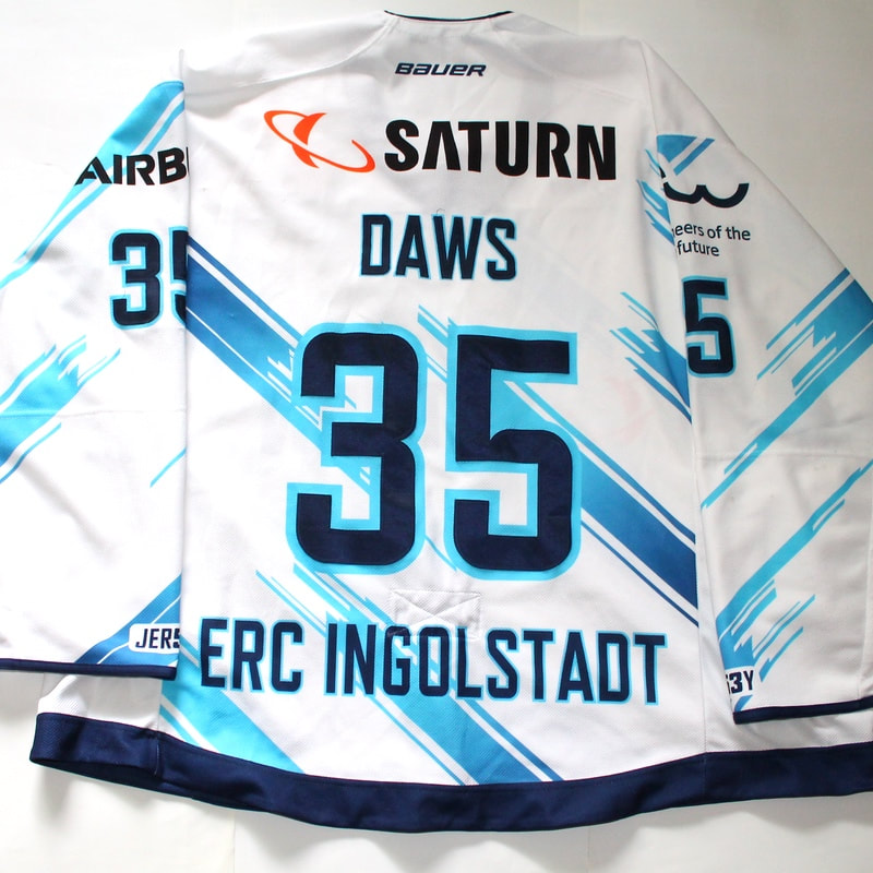 Game worn hockey jersey of goalie Nico Daws for the ERC Ingolstadt - back