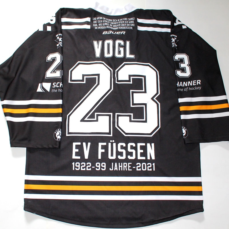 Game worn hockey jersey of EV Fuessen forward Dejan Vogl - back