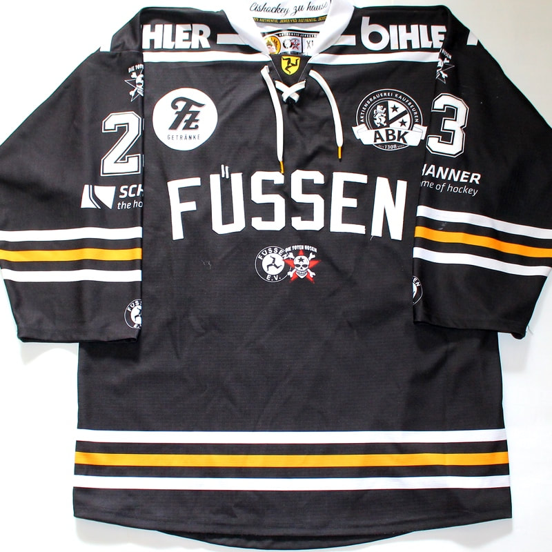 Game worn hockey jersey of EV Fuessen forward Dejan Vogl - front view
