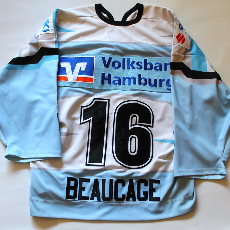 Game worn hockey jersey of Hamburg Freezers forward Marc Beaucage - back