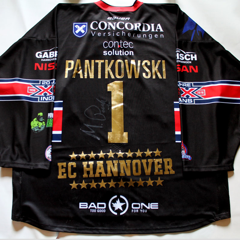 Game Worn und signiertes Eishockey Trikot der Hannover Indians von Mirko Pantkowski