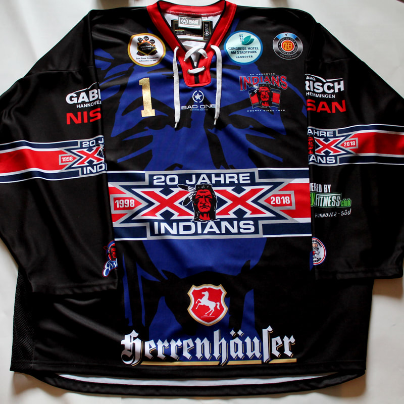 This jersey was game worn by Hannover Indians goalie Mirko Pantkowski
