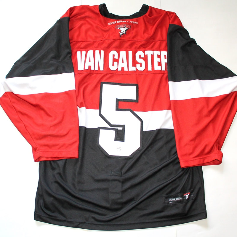 Game worn hockey jersey of Cologne Junghaie forward Robin Van Calster - back